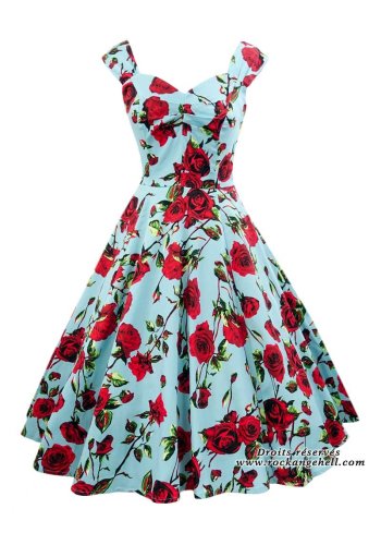 50s Pin-Up Dress Retro HR London \"Ditsy Rose Floral Blue\" - rockangehell.com