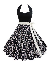 Robe Rockabilly Pin-Up Retro Rock Ange Hell Vivien Black Cream Flowers - rockangehell.com