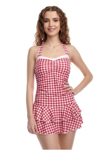 Rockabilly Pin-Up Retro Pussy Deluxe 1-piece swimsuit \"Red Plaid\" - rockangehell.com