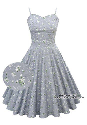 50s Rockabilly Dress Pin-Up Rock Ange'Hell Layna Blue Gray White Flowers- rockangehell.com