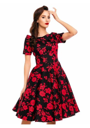 Robe Années 50 Pin-Up Rockabilly Dolly And Dotty \"Darlene Red Floral\" - rockangehell.com