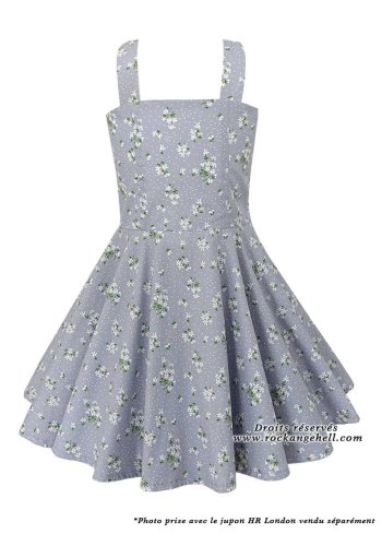 Children's Dress for Girls 50s Retro Vintage Rock Ange\'Hell \"Emmy Blue Gray White Flowers\" - rockangehell.com