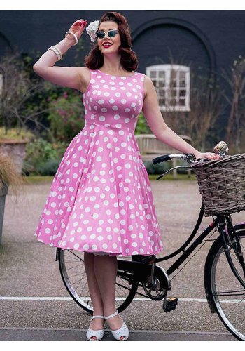 HR London Lyra Pink Dots Retro Rockabilly Dress - rockangehell.com