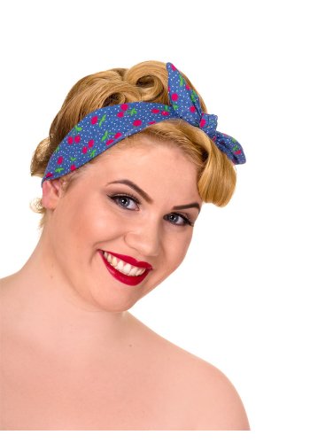 Foulard Cheveux Pin-Up Rockabilly Vintage Banned Blue Cherry- rockangehell.com