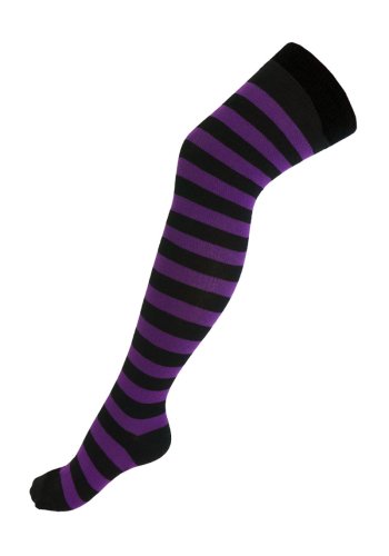 Macahel wide black/purple striped knee-high socks, punk, rock, metal style - Rockangehell.com
